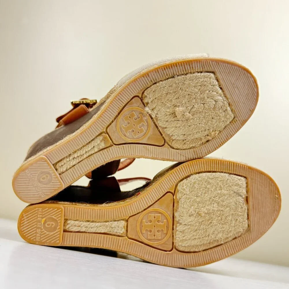 Tory Burch Espadrille Wedge Sandals White Canvas Toe Brown Leather Ankle Strap